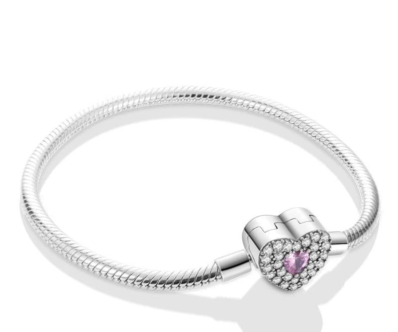 Brazalete cadena de serpiente broche de corazón con circonitas y cristal rosa