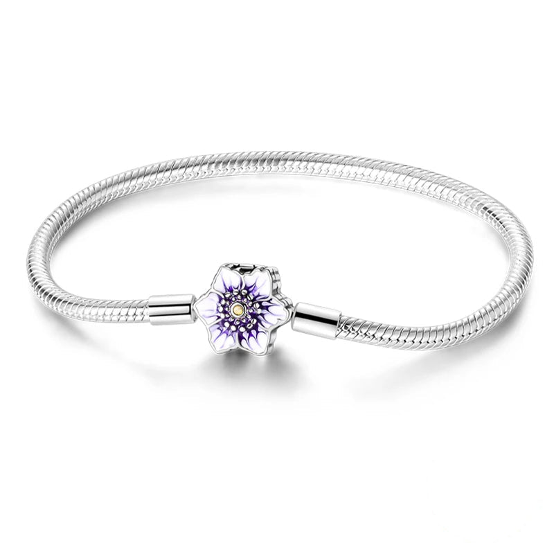 Brazalete cadena de serpiente broche de flor con circonitas lilas