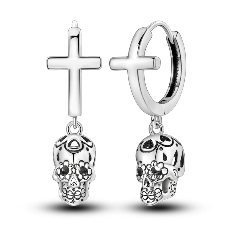 Aretes Aro Calavera y Cruz Estilo Místico